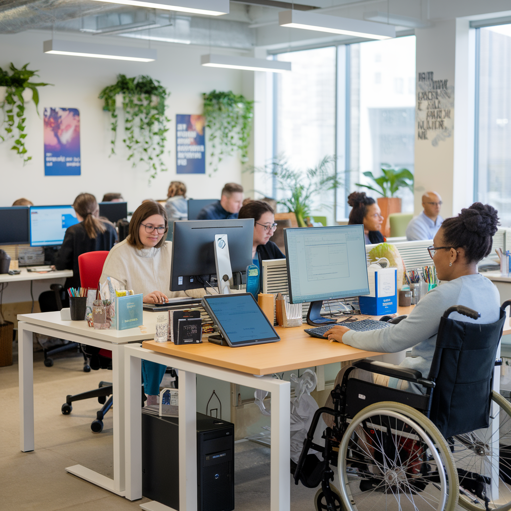 a group of employees working at their desks including a woman in a wheelchair