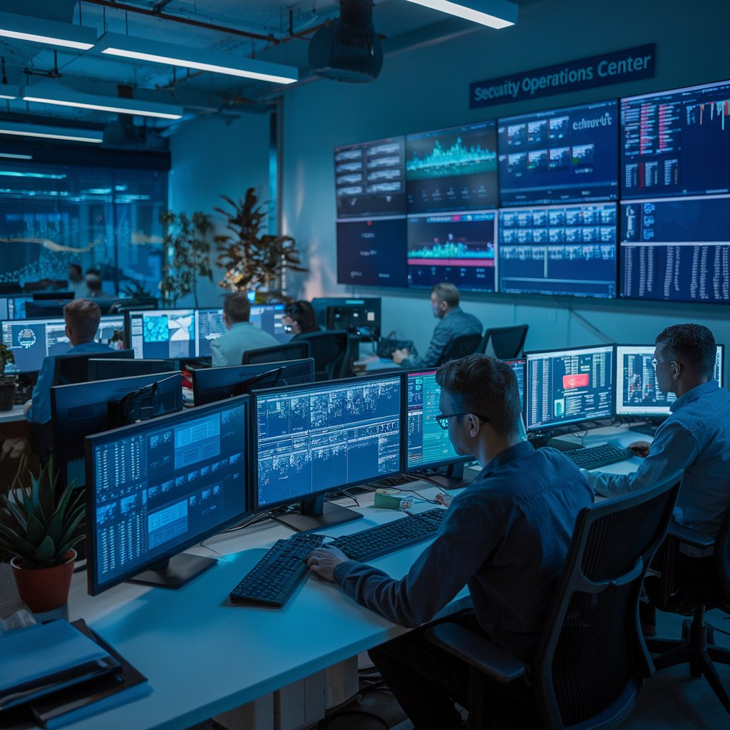 employees monitoring screens in a security operations center (SOC)