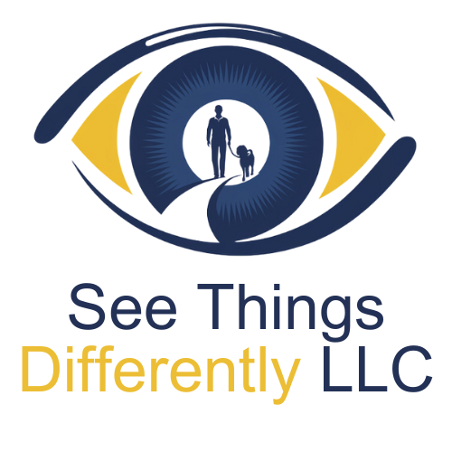 See Things Differently Logo a picture of an eye with a man and a service dog walking out of the pupil towards the screen on a path