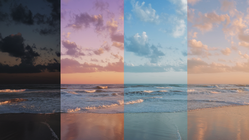 beach scene with rolling waves and cloudy skies showing 4 distinct times in a day